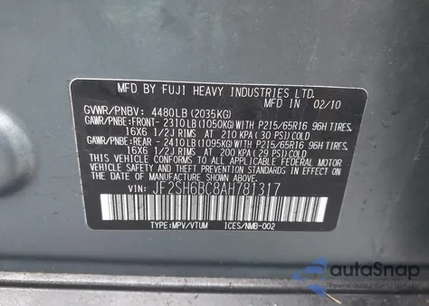 2010 Subaru Forester 2.5X из США, поврежденный, VIN JF2SH6BC8AH781317